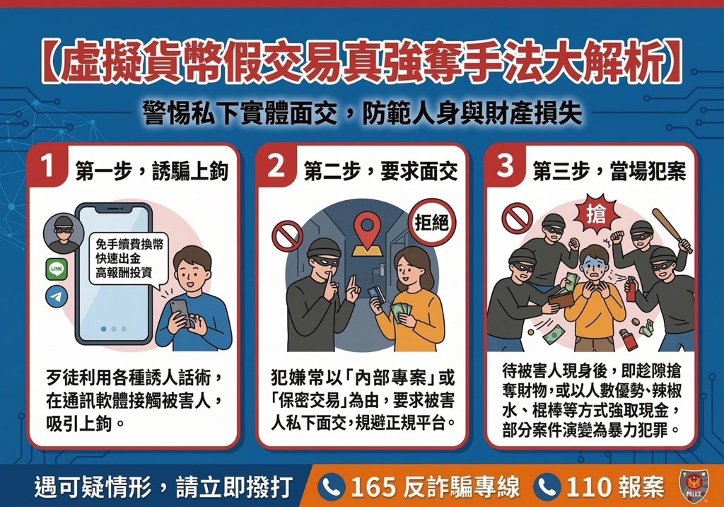 換幣變陷阱!警方示警歹徒誘騙上鉤三階段 提醒虛擬貨幣交易應循合法程序